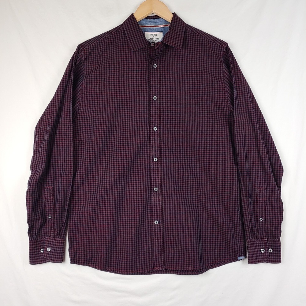Flag & Anthem Shirt Mens Medium Red Black Check Long Sleeve Casual Button Up